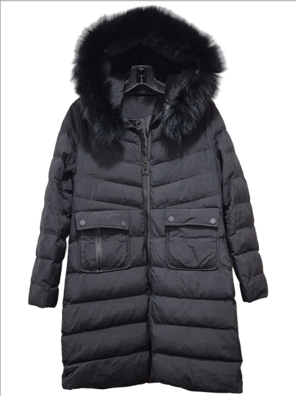 EVA BRAUN Black Mid-Length Puffer Coat Fur Hood Size LL / F